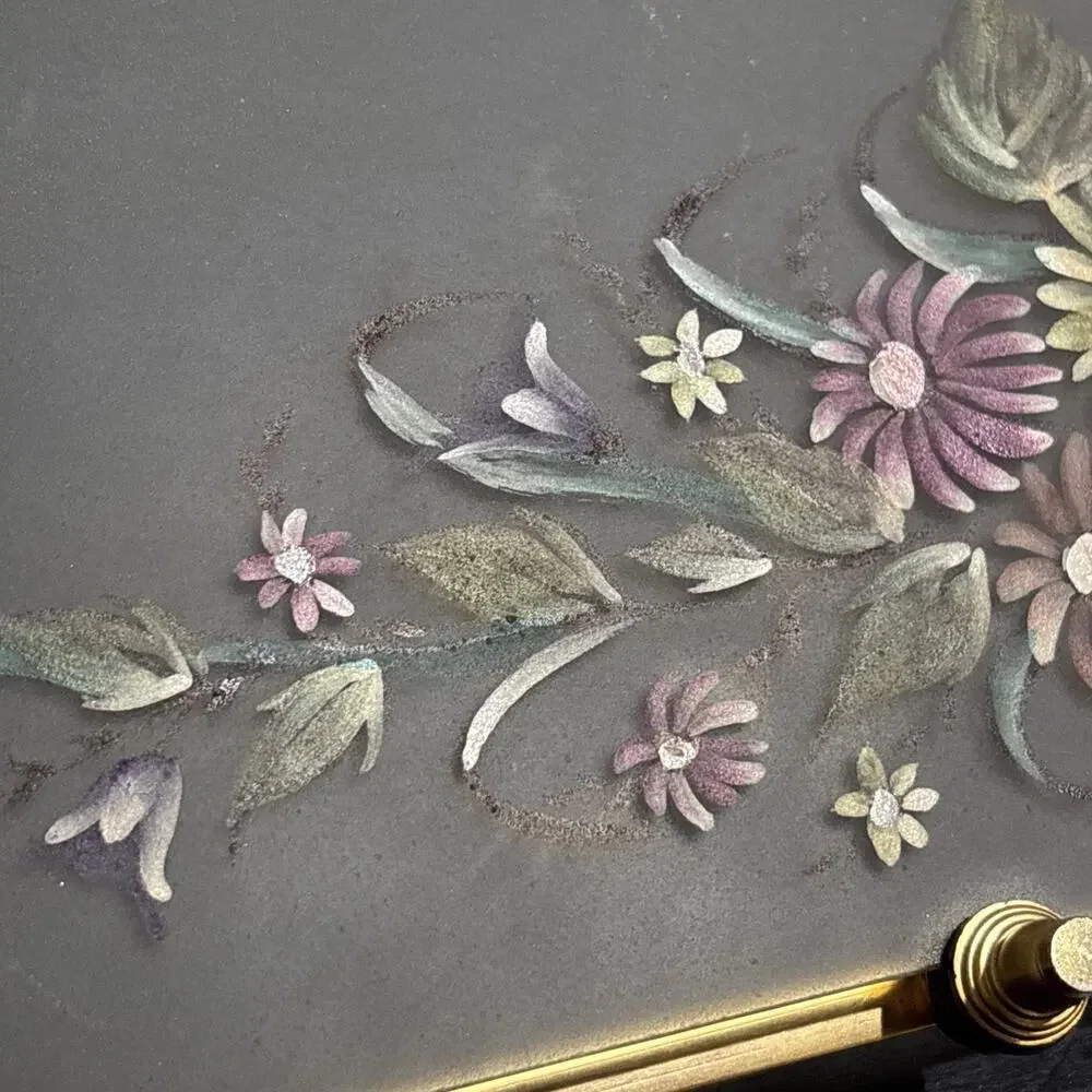 Vintage MCM Hollywood Regency Brass Frame Glass Hand Painted Floral Serving Tray